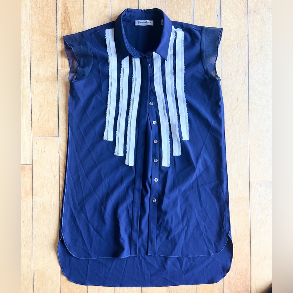 Patrizia Luca Milano Blue Sleeveless Button-Up White Stripes Blouse Size Small